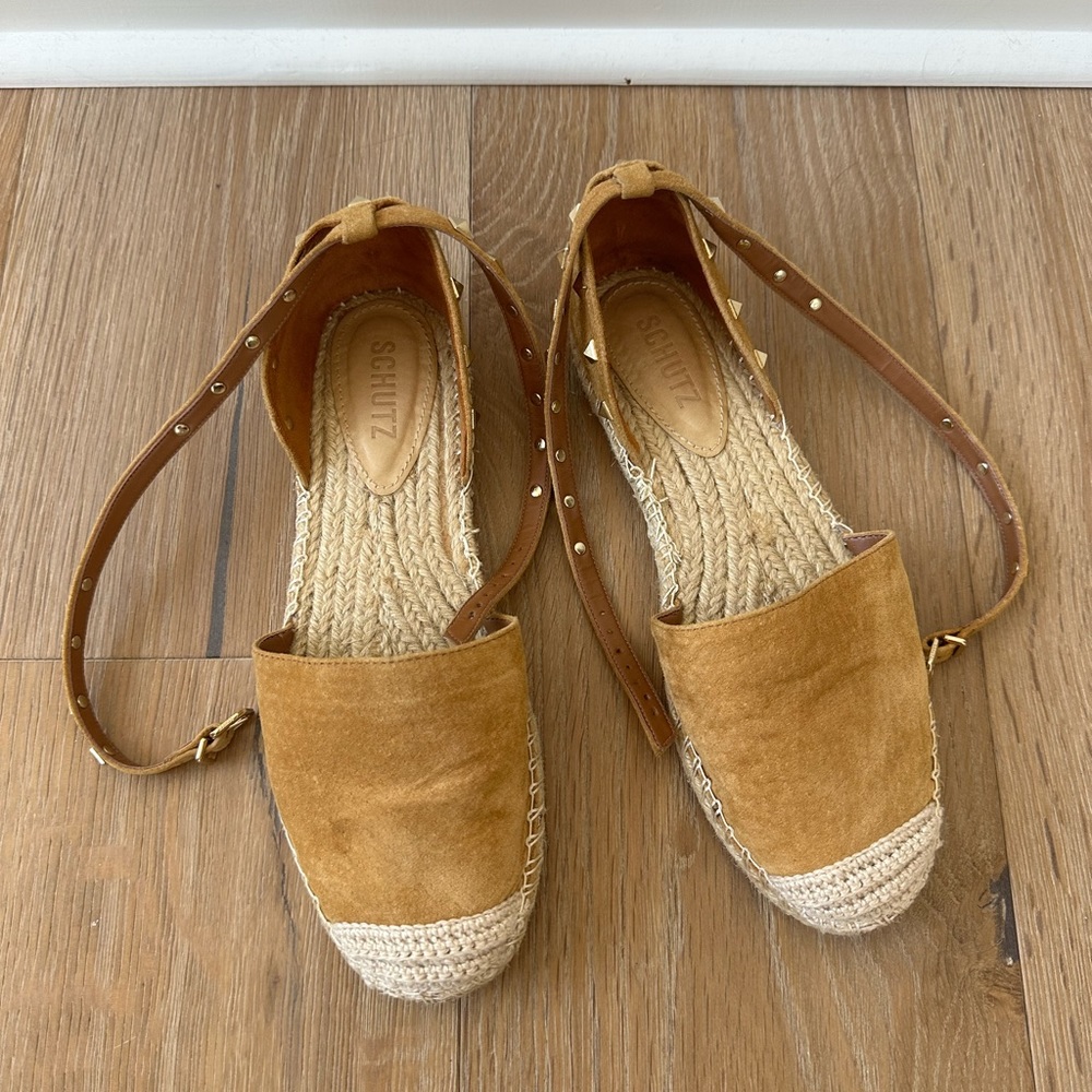 Schutz Woman Stud Espadrille Loafers in Brown Suede